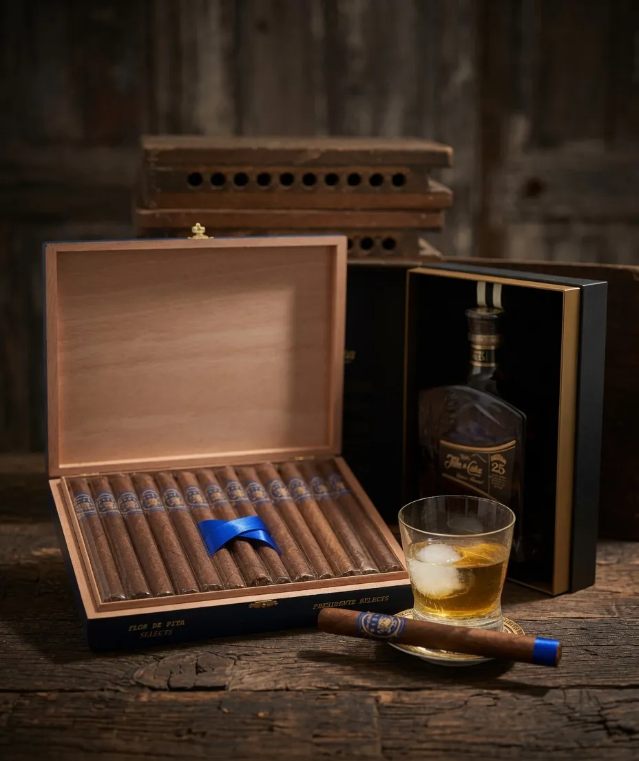 Flor de Pita Boxes: an open Presidente Selects box of 25 cigars