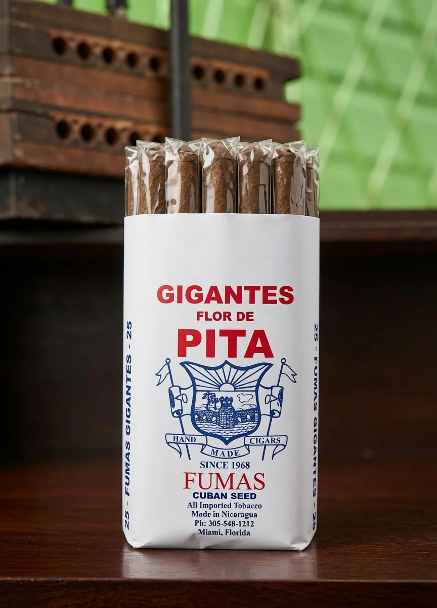 Gigantes Flor de Pita Fumas bundle of 25 with visible cigar heads, paper-wrapped with the label reading Cuban Seed, all imported tobacco, made in Nicaragua