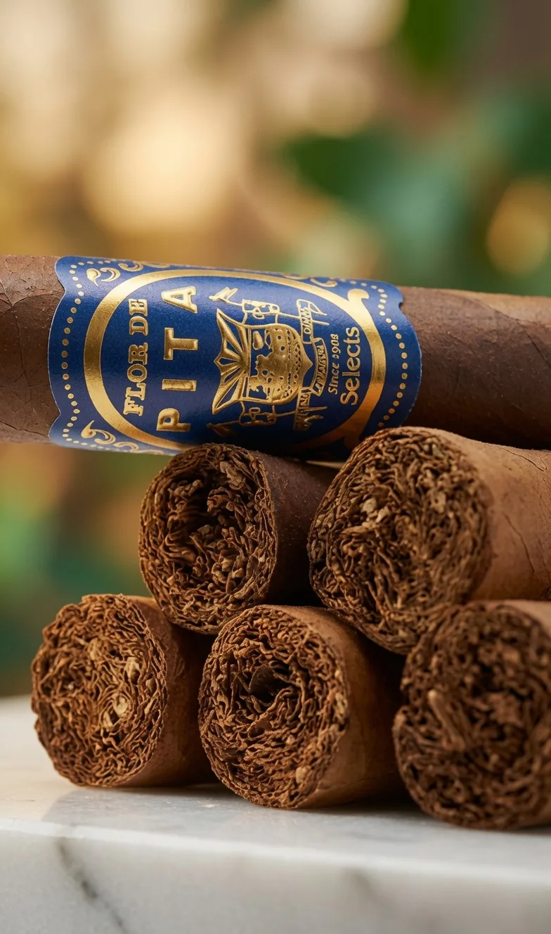 Flor de Pita Selects cigars banded and stacked, showing hand-rolled long-filler tobacco ends
