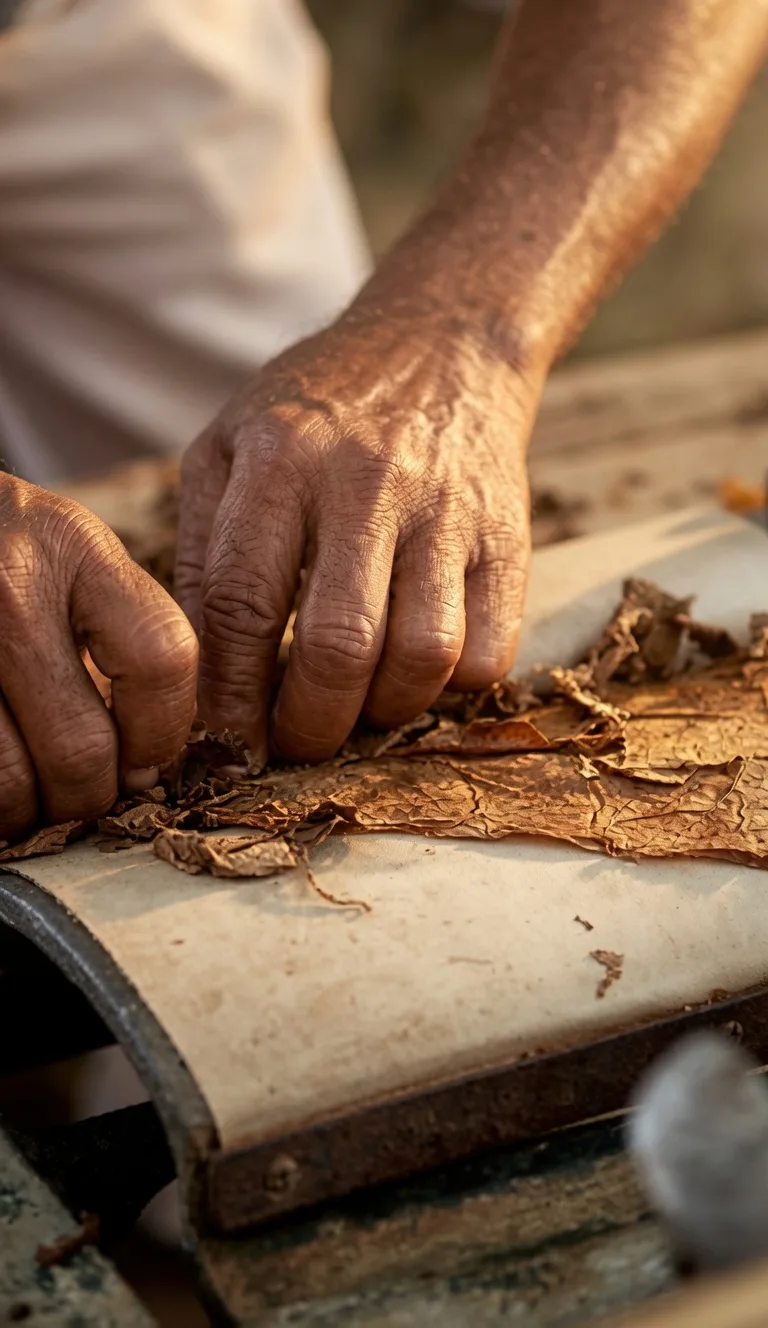 A master roller hand-binding tobacco leaves at the rolling table